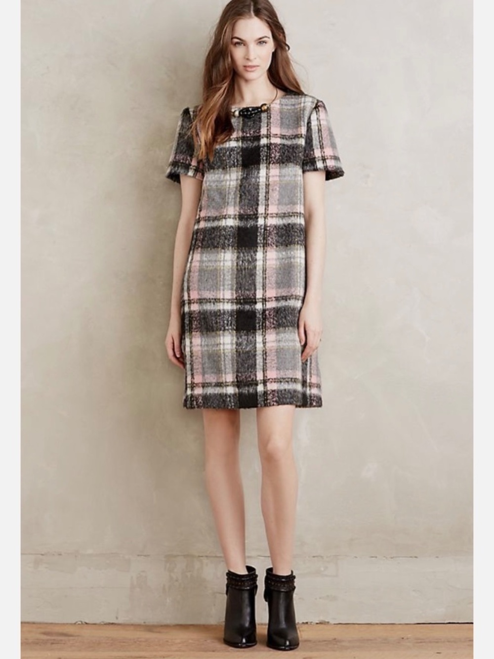 Anthropologie Line & Dot Black, Gray and Pink Plaid Short Sleeve Dress